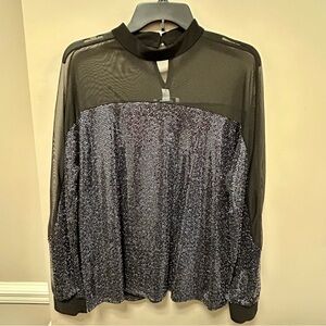 Nine West Sz M Black & Gunmetal Gray Semi Sheer Blouse NWT Glittery